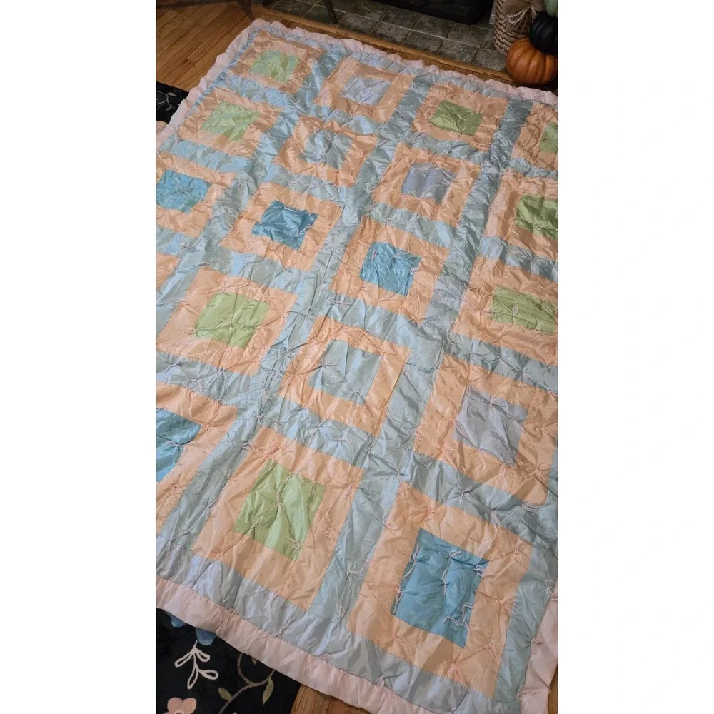 Vintage Handmade Quilt 72x89 Retro Nylon Silky Material Pastel Patchwork Blanket